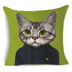 Detailed macro view of a grey tabby cat illustration wearing a navy hoodie on cotton linen