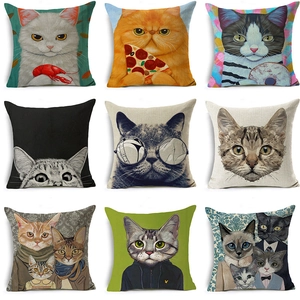 Cartoon Cat Pattern Linen Cushion Cover Modern Animal Square Throw Pillow Case For Home Office Sofa Decorative Pillowcase