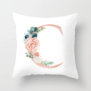 Modern white square pillow cover with pink gold letter C and watercolor floral patterns
