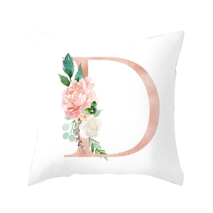 Modern square pillowcase featuring rose gold letter D with watercolor flowers on white