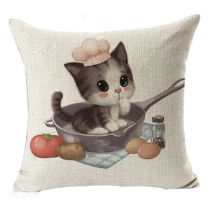 Cartoon chef cat square throw pillow case with a culinary theme on cotton linen fabric