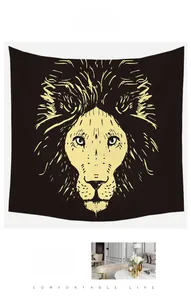 Detailed view of modern tapestry featuring a yellow lion line art on black fabric