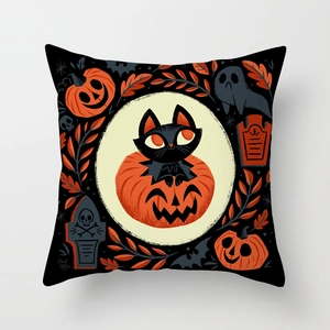 Coussin d'Halloween carré avec illustration de chat noir et de citrouille faite à la main