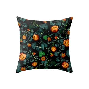 Housse de coussin Halloween avec citrouille fleurs et vignes sur fond noir décoratif