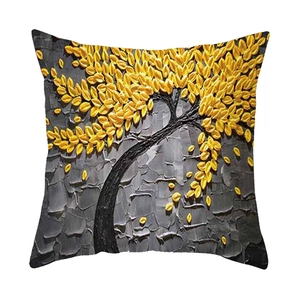 Abstract oil painting cushion cover with yellow flower tree design for sofa decor