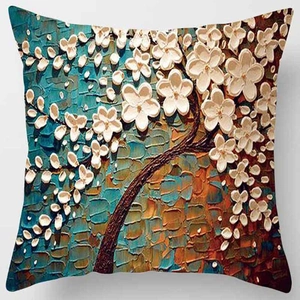 Artistic oil painting style throw pillow cover featuring 3D floral tree textured design