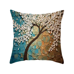 Artistic oil painting style throw pillow cover with white tree design for home decor