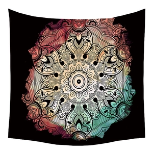 Bohemian mandala sun tapestry with colorful gradient watercolor pattern on black fabric