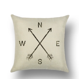 Close-up of linen pillow cover with vintage compass print and woven texture detail