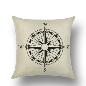 Breathable linen square pillowcase with vintage black compass print for sofa decoration