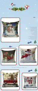 Set of five linen Christmas pillow covers featuring snowman and red truck holiday patterns