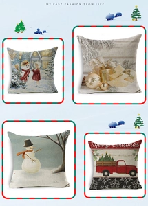Detailed grid of four Christmas linen pillow covers featuring snowmen and festive motifs