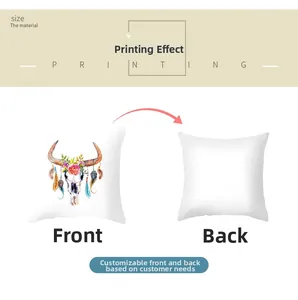 Detail view of the colorful peacock feather and ox skull printing effect on cushion covers