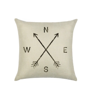 Breathable linen throw pillow cover with vintage black compass arrow design on beige fabric
