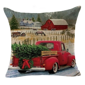 Christmas snowman linen pillowcase featuring a vintage red truck and snowy farm scene