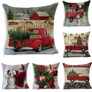 Set of 6 Christmas linen pillow covers with snowman, Santa, and red truck designs