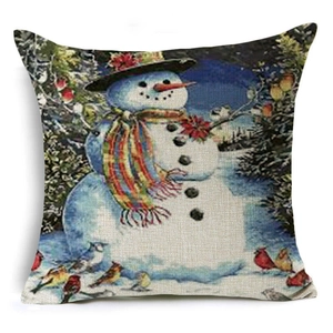 Linen Christmas pillow case with snowman and birds print on a snowy background