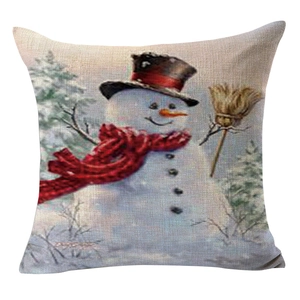 Linen Christmas snowman throw pillow cover featuring vintage holiday forest illustration