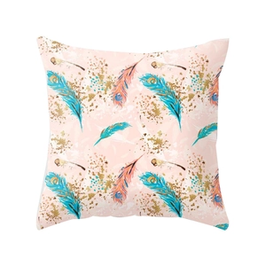 Peacock feather pattern square throw pillow case in light pink with blue and orange accents