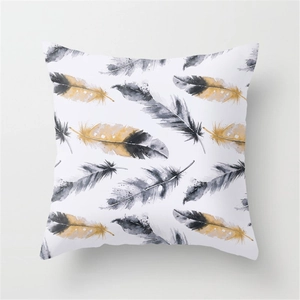 Peacock feather print square pillowcase in white and gold watercolor style decor
