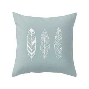 Square light blue peach skin pillowcase featuring three white peacock feather prints