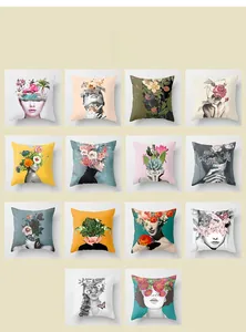Detailed collection of 14 artistic floral woman portrait square cushion covers in various colors