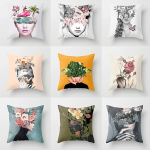 Surrealist Woman Portrait Peach Skin Decorative Pillowcase Artistic Flower Pattern Square Cushion Cover For Home Sofa