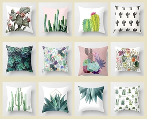 Collage of 12 square cushion covers featuring various cactus and succulent plant prints