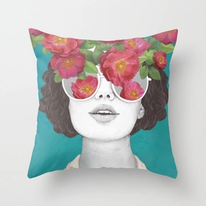 Artistic woman face and pink flowers print turquoise decorative throw pillow case