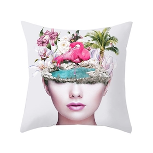 Artistic cushion cover with surreal woman and flamingo print for home sofa decor