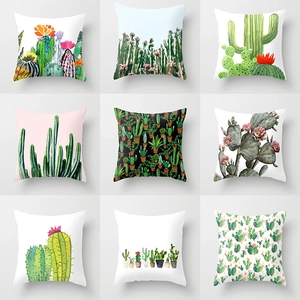 Set of nine square throw pillow covers with watercolor cactus and succulent patterns