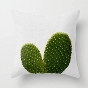 Square cotton linen pillowcase with green heart-shaped cactus pattern on white background