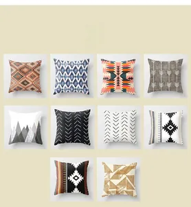 Detail view of ten geometric patterns on Nordic style black and white cushion covers