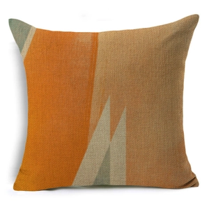 Detailed view of the coarse linen texture and abstract geometric pattern on the square pillowcase