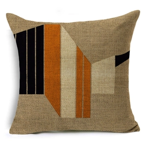 Detailed macro shot of linen throw pillow cover with abstract geometric pattern
