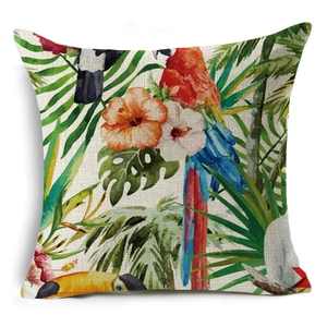 Linen cushion cover with tropical parrots, toucans and hibiscus flower print