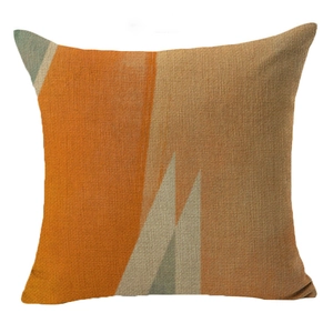Minimalist square linen pillow cover with abstract orange and green geometric patterns