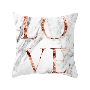 Modern square marble texture pillow cover with rose gold LOVE text and metallic foil finish