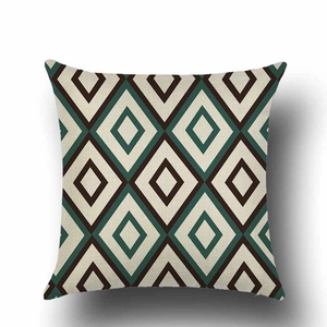 Detailed view of square linen pillowcase texture featuring vintage geometric pattern