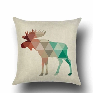 Detailed texture of linen fabric with modern geometric elk pattern on square pillowcase