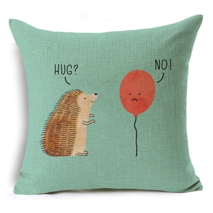 Detailed macro view of linen pillowcase featuring hedgehog and balloon cartoon illustration
