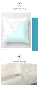Detail showing white marble pattern cushion cover with hidden zipper and digital print texture