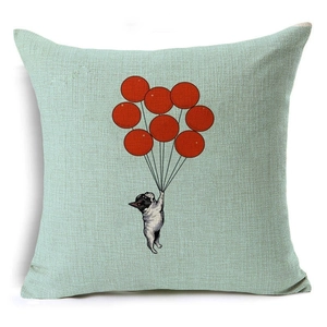 Close-up of linen pillowcase texture featuring a French bulldog with red balloons