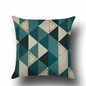 Blue geometric triangle linen pillowcase with modern teal and copper pattern