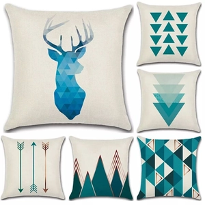 Set of 6 blue Nordic geometric linen pillow covers with elk and triangle patterns