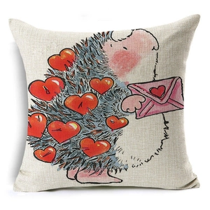 Linen pillow cover featuring a cute hand-drawn hedgehog with red hearts on beige fabric