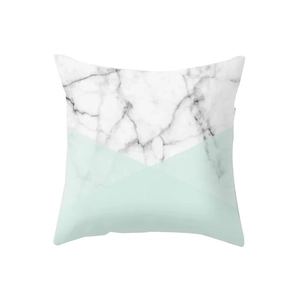 Square pillow cover with geometric marble texture and mint green spliced design on white background