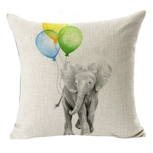 Modern minimalist linen pillowcase featuring a cute elephant and colorful balloons design