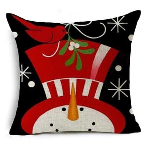 Christmas snowman linen throw pillow case with red hat and bird on a black background