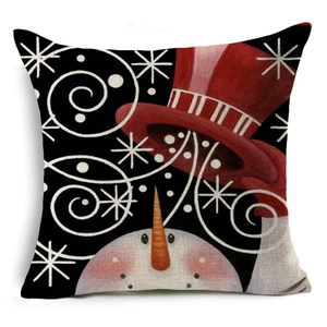 Close-up of linen pillowcase with snowman print and detailed fabric texture for Christmas